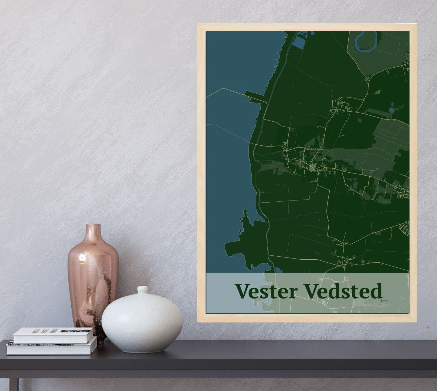 Vester Vedsted plakat i farve  og HjemEgn.dk design firkantet. Design bykort for Vester Vedsted
