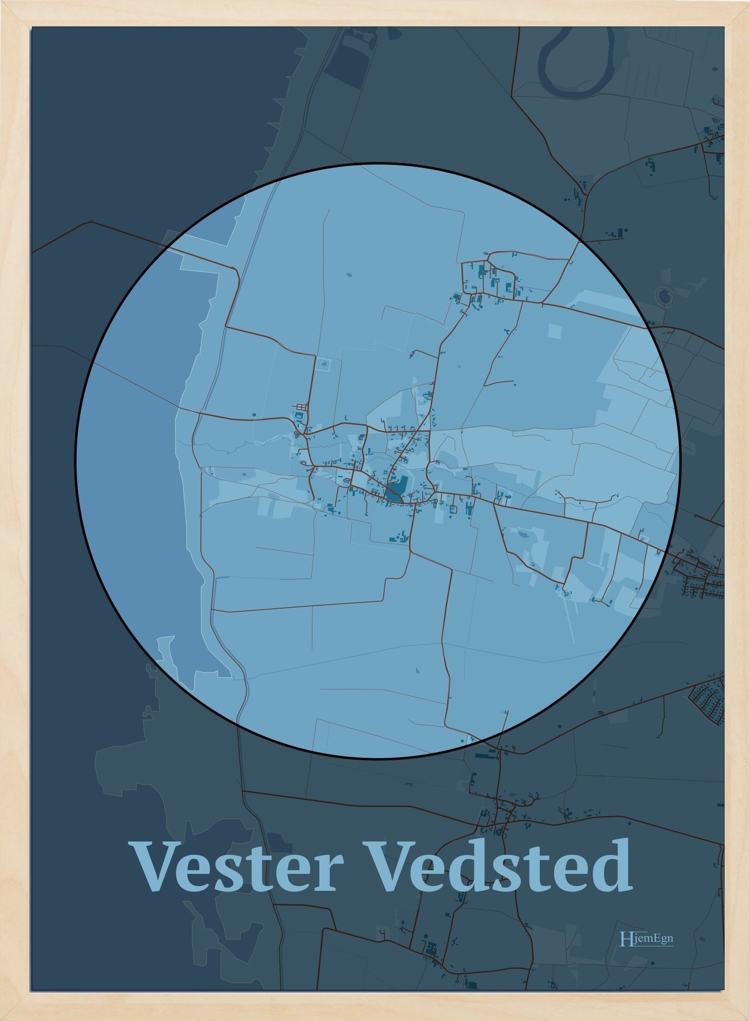 Vester Vedsted plakat i farve pastel blå og HjemEgn.dk design centrum. Design bykort for Vester Vedsted