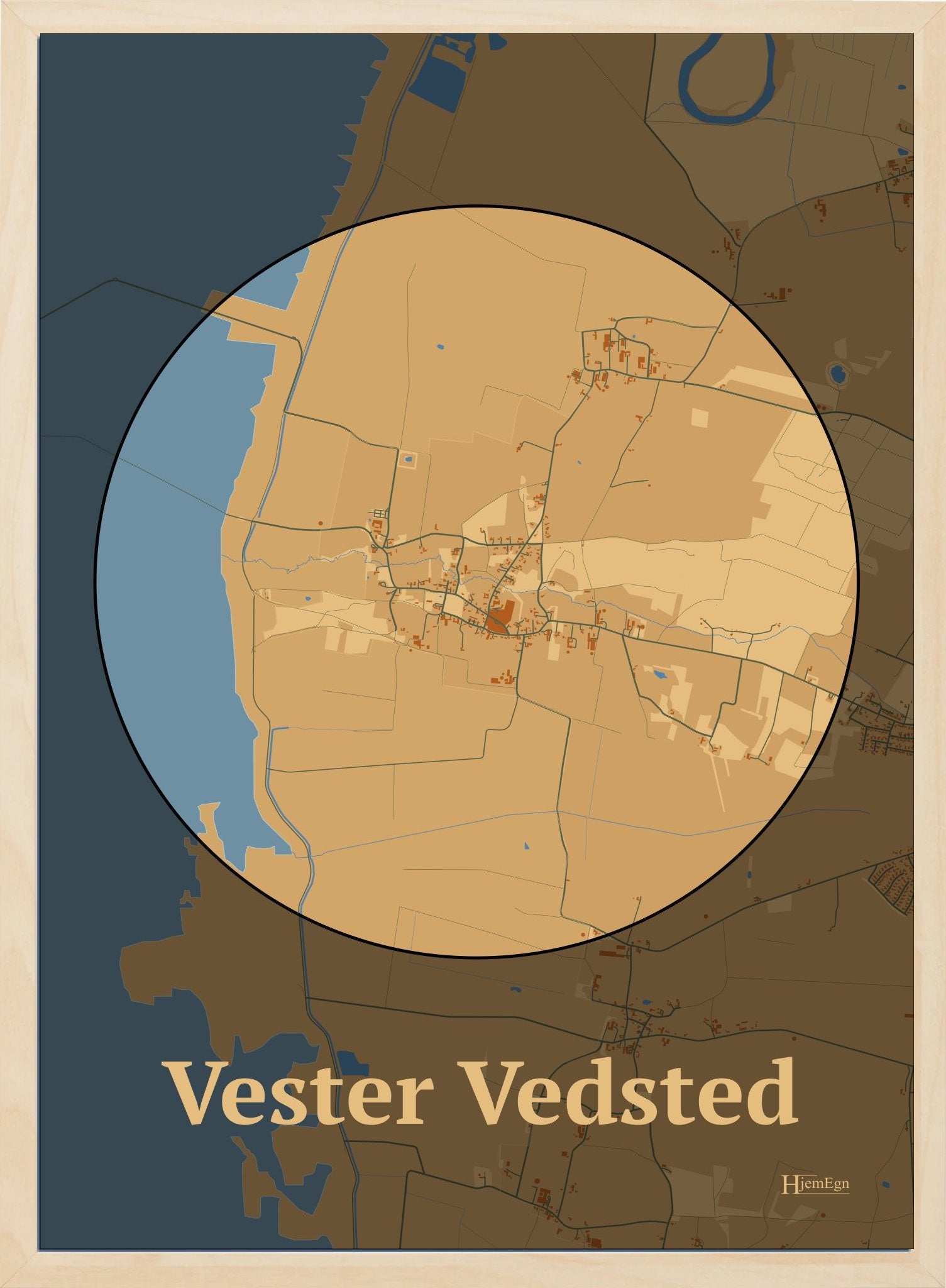 Vester Vedsted plakat i farve pastel brun og HjemEgn.dk design centrum. Design bykort for Vester Vedsted