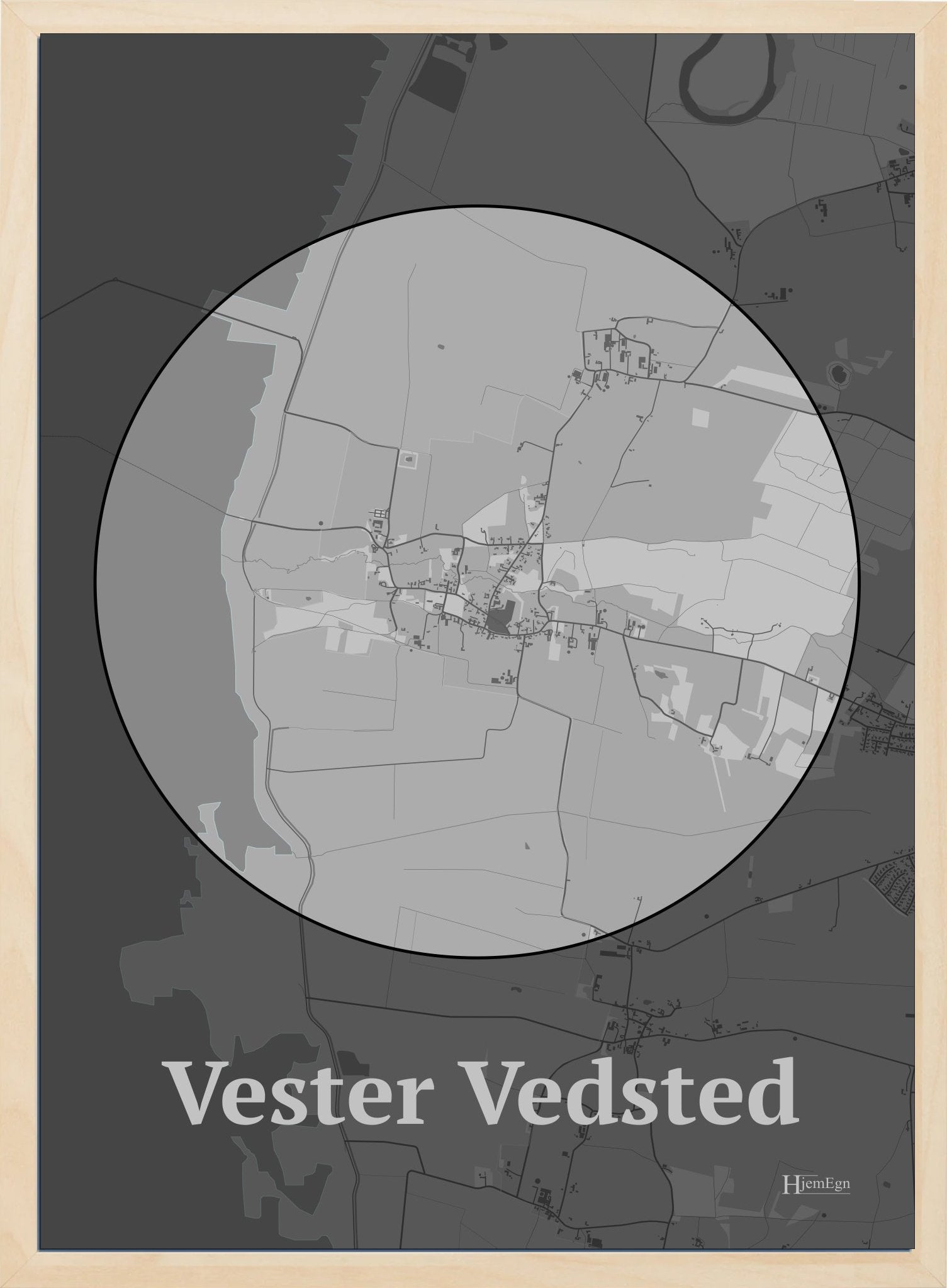 Vester Vedsted plakat i farve pastel grå og HjemEgn.dk design centrum. Design bykort for Vester Vedsted
