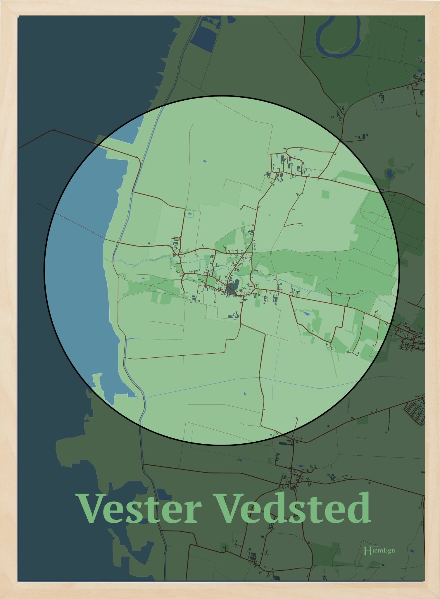 Vester Vedsted plakat i farve pastel grøn og HjemEgn.dk design centrum. Design bykort for Vester Vedsted