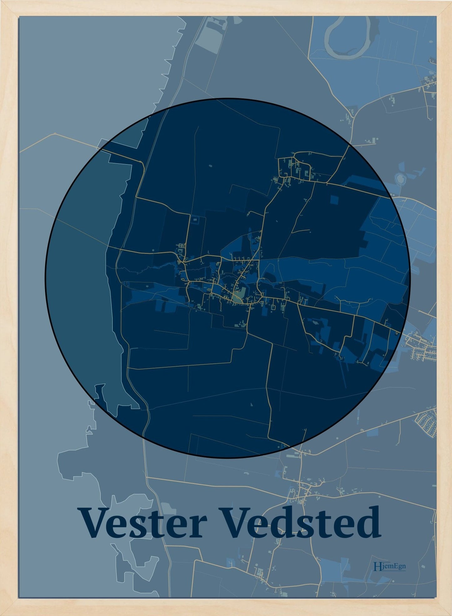 Vester Vedsted plakat i farve mørk blå og HjemEgn.dk design centrum. Design bykort for Vester Vedsted