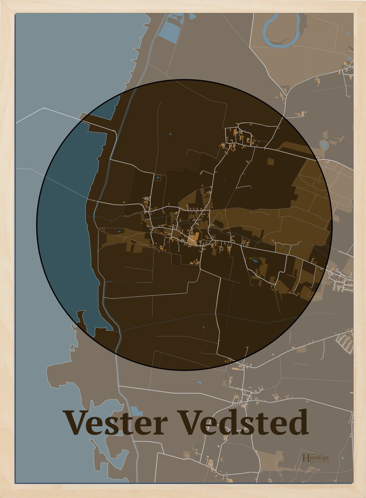 Vester Vedsted plakat i farve mørk brun og HjemEgn.dk design centrum. Design bykort for Vester Vedsted
