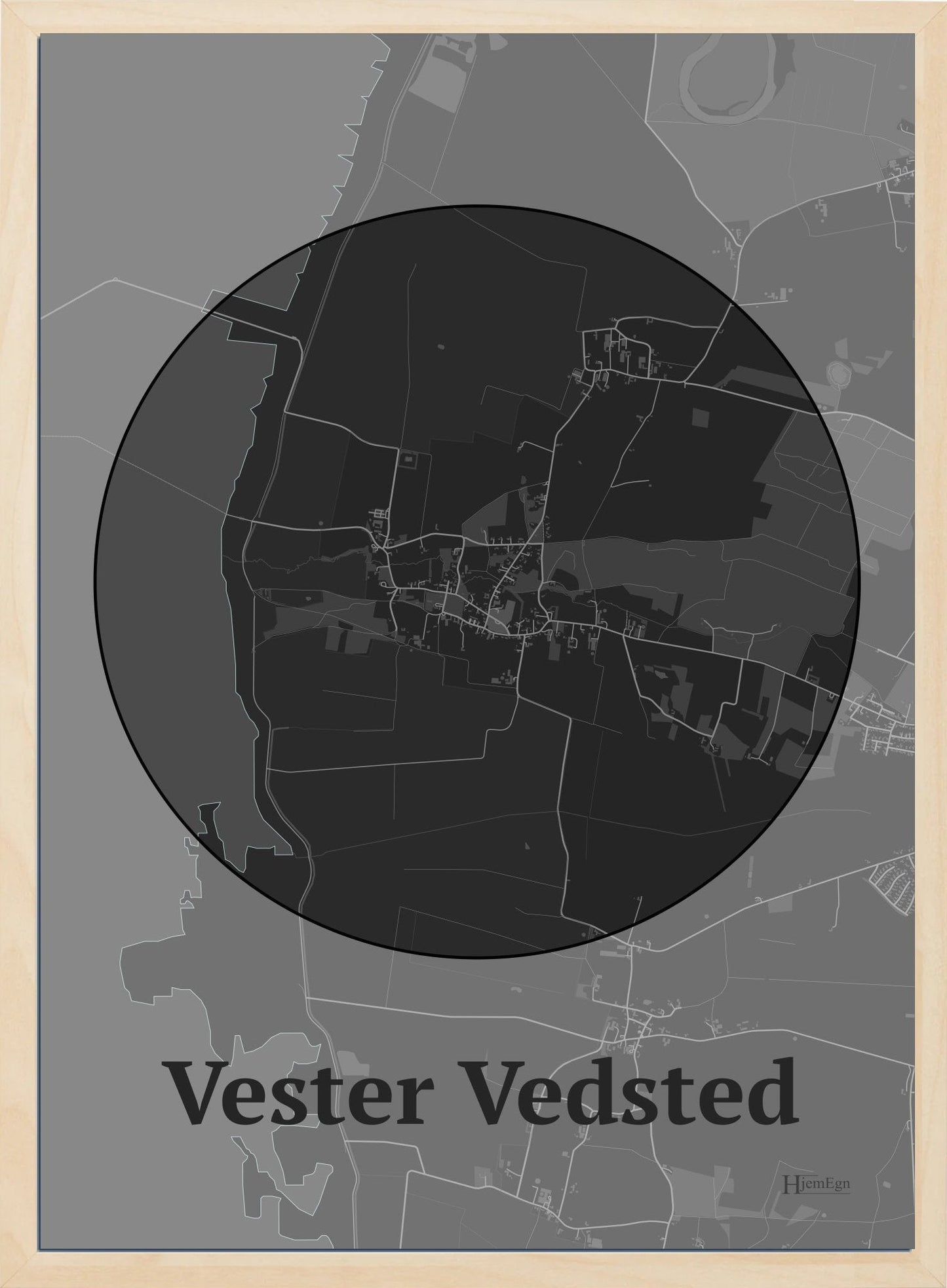 Vester Vedsted plakat i farve mørk grå og HjemEgn.dk design centrum. Design bykort for Vester Vedsted