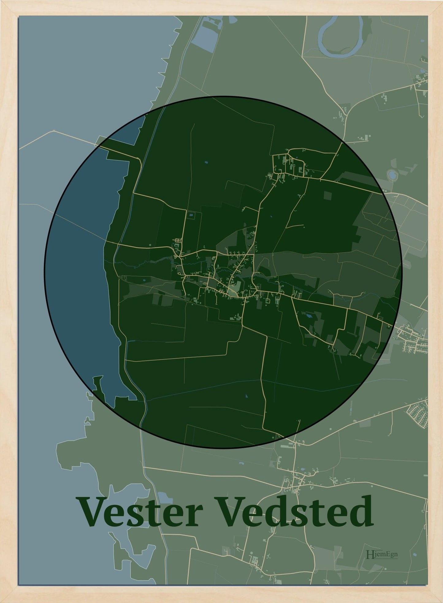 Vester Vedsted plakat i farve mørk grøn og HjemEgn.dk design centrum. Design bykort for Vester Vedsted