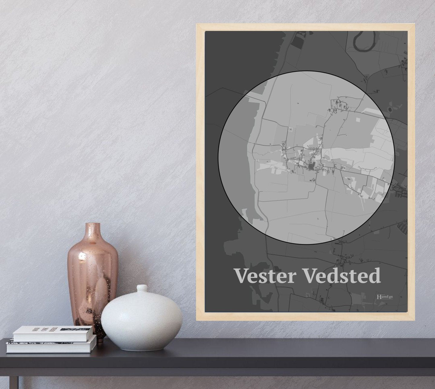 Vester Vedsted plakat i farve  og HjemEgn.dk design centrum. Design bykort for Vester Vedsted