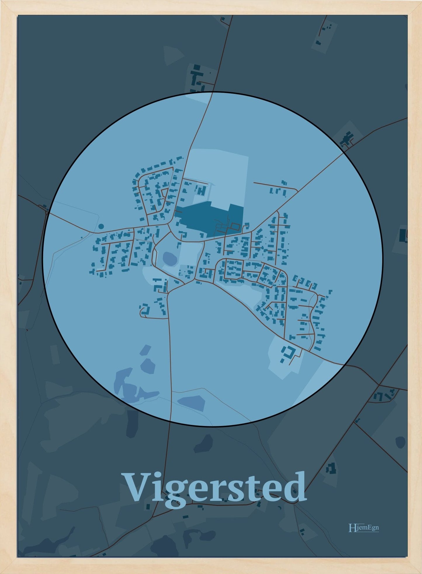 Vigersted plakat i farve pastel blå og HjemEgn.dk design centrum. Design bykort for Vigersted