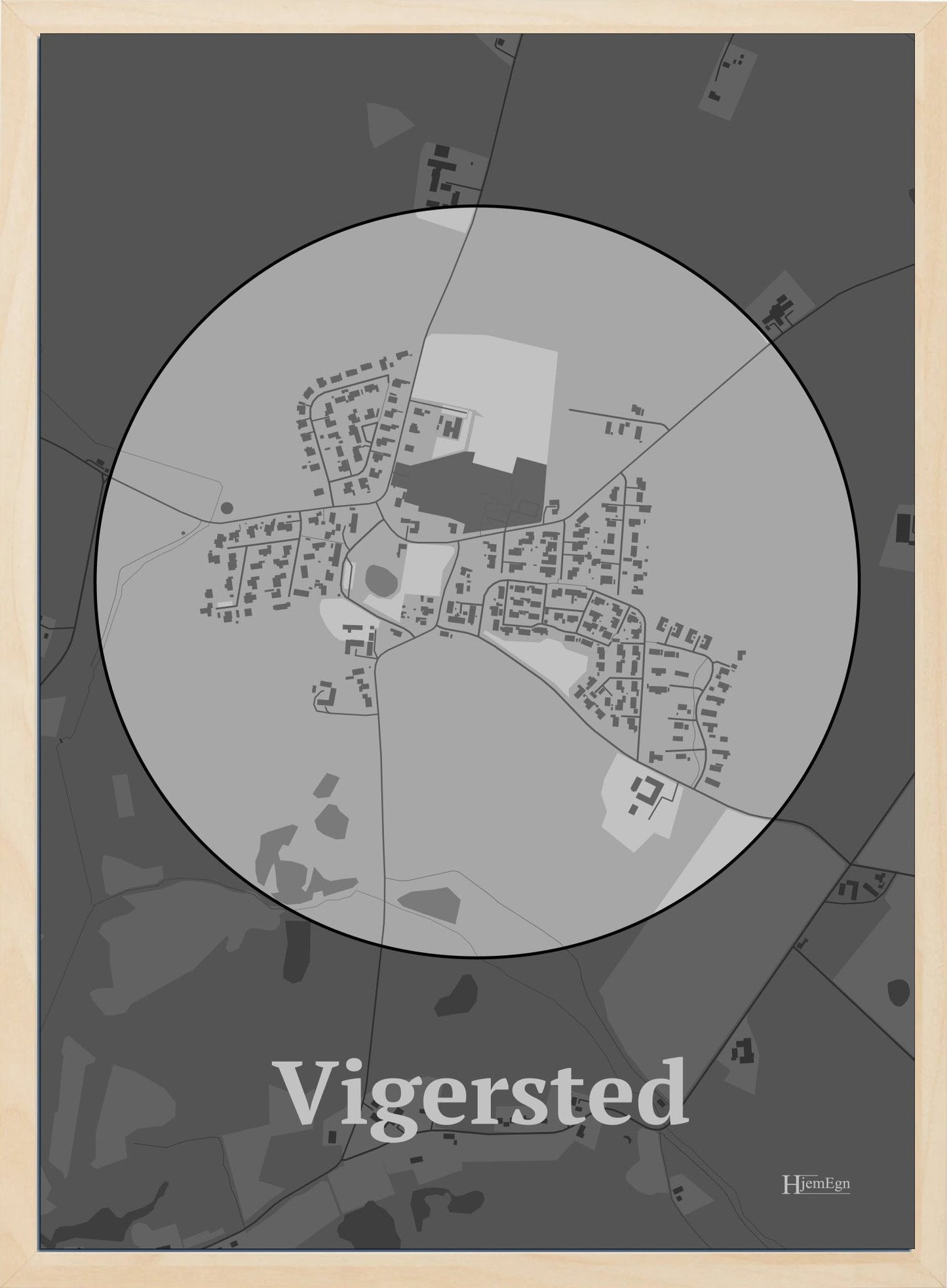 Vigersted plakat i farve pastel grå og HjemEgn.dk design centrum. Design bykort for Vigersted