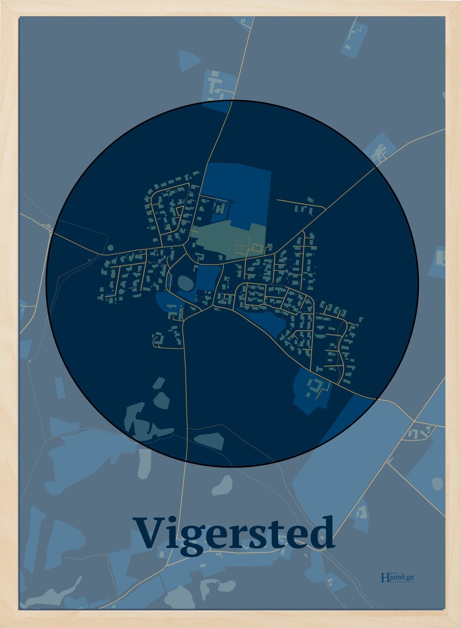 Vigersted plakat i farve mørk blå og HjemEgn.dk design centrum. Design bykort for Vigersted