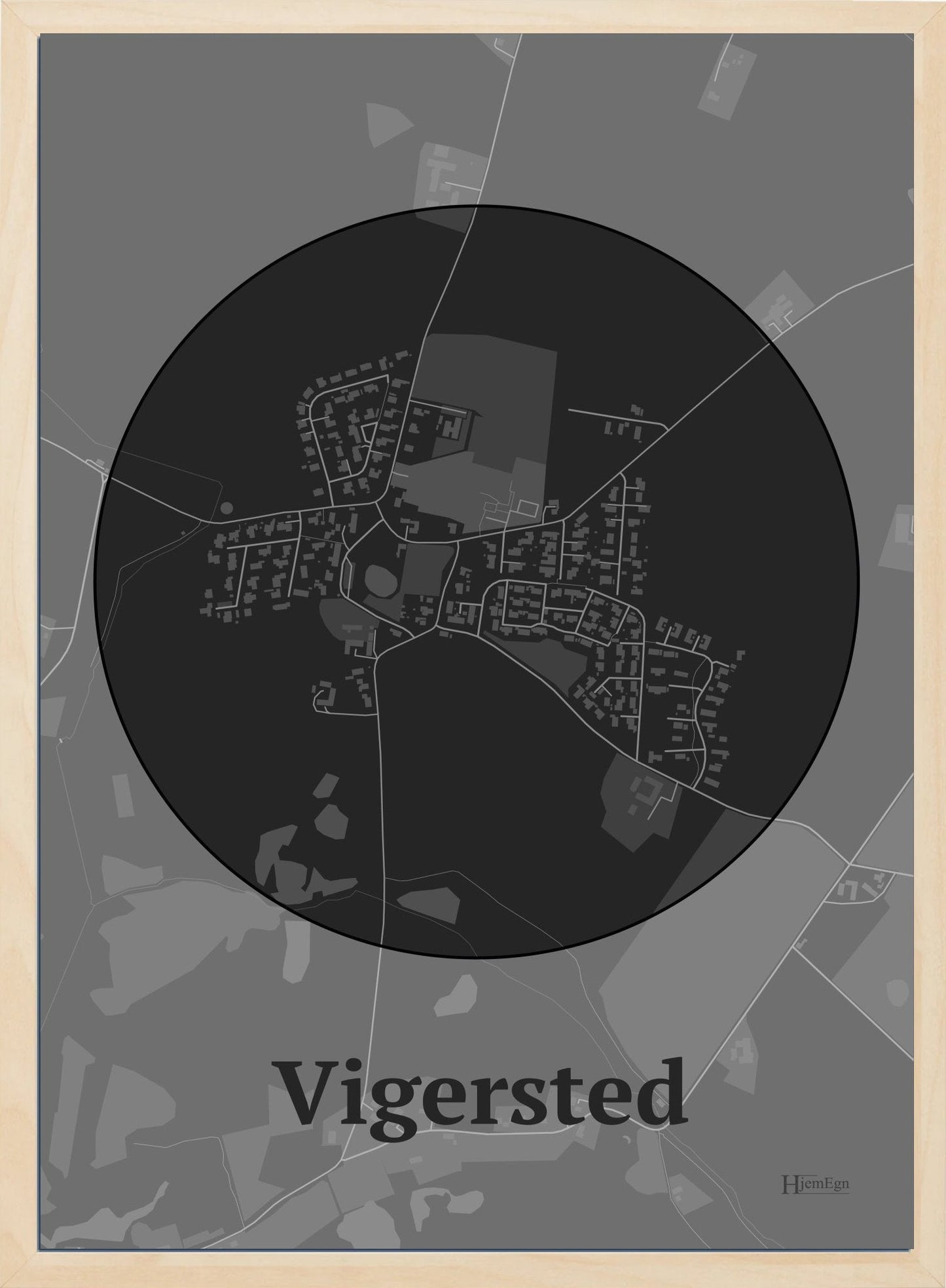 Vigersted plakat i farve mørk grå og HjemEgn.dk design centrum. Design bykort for Vigersted