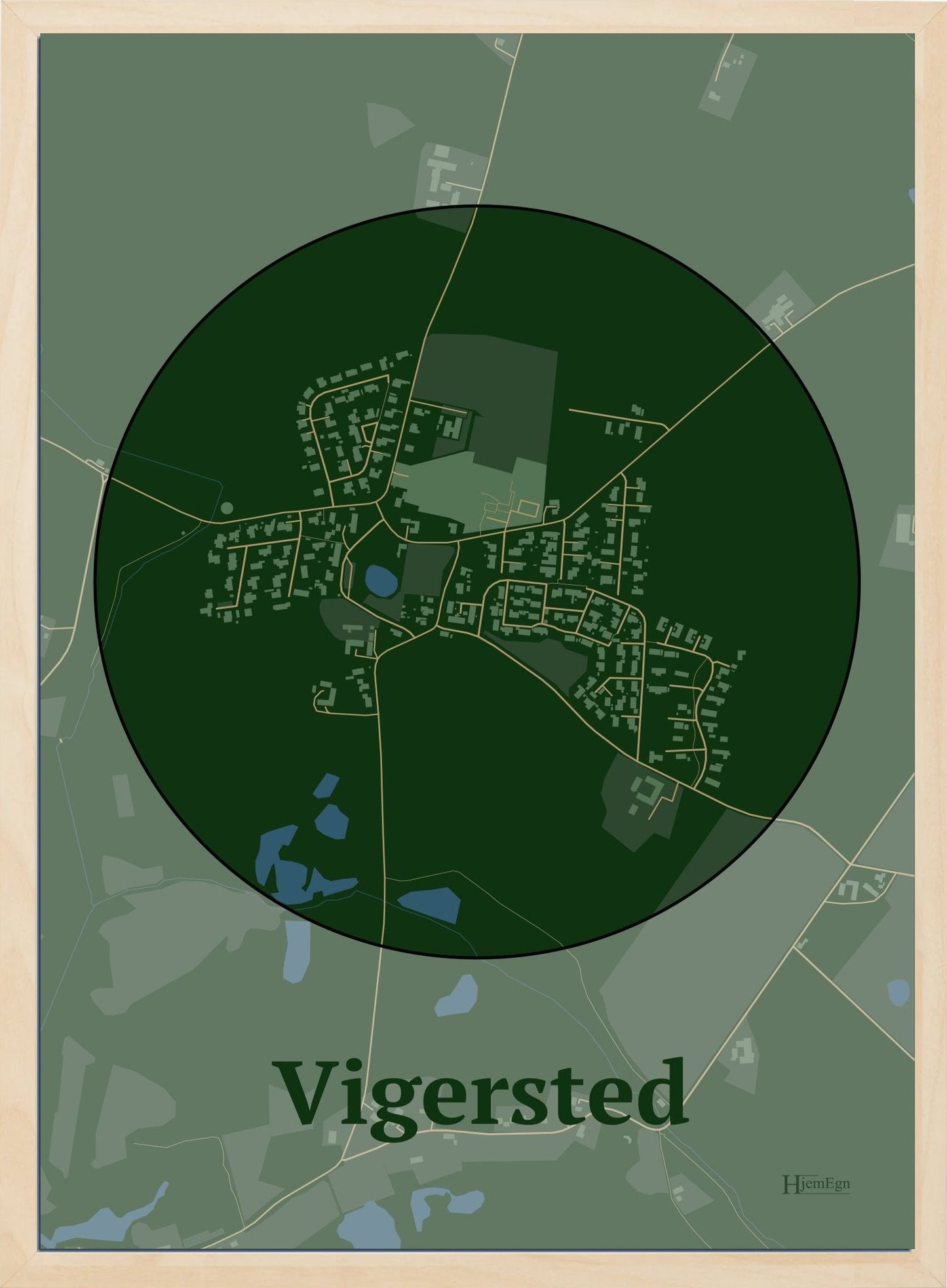 Vigersted plakat i farve mørk grøn og HjemEgn.dk design centrum. Design bykort for Vigersted