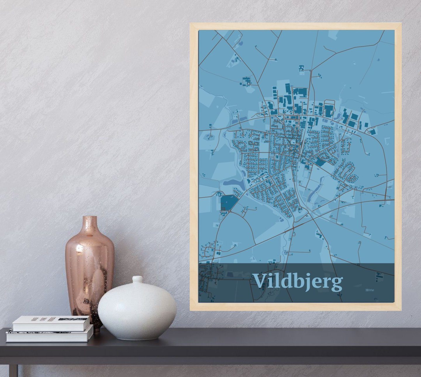 Vildbjerg plakat i farve  og HjemEgn.dk design firkantet. Design bykort for Vildbjerg