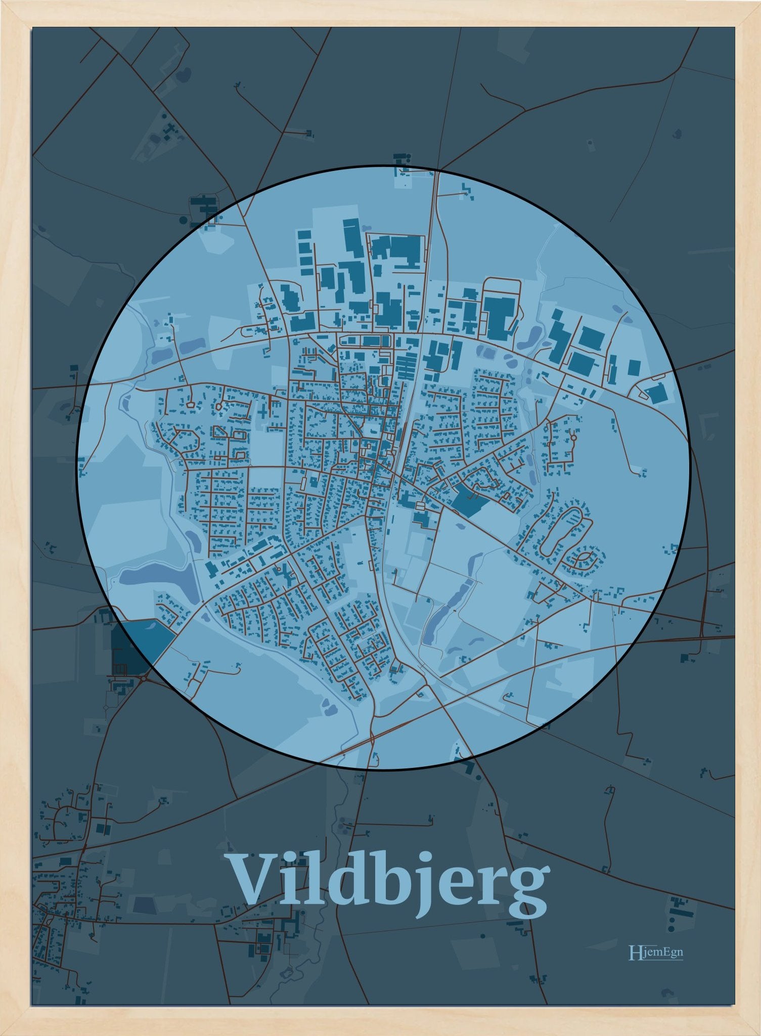 Vildbjerg plakat i farve pastel blå og HjemEgn.dk design centrum. Design bykort for Vildbjerg
