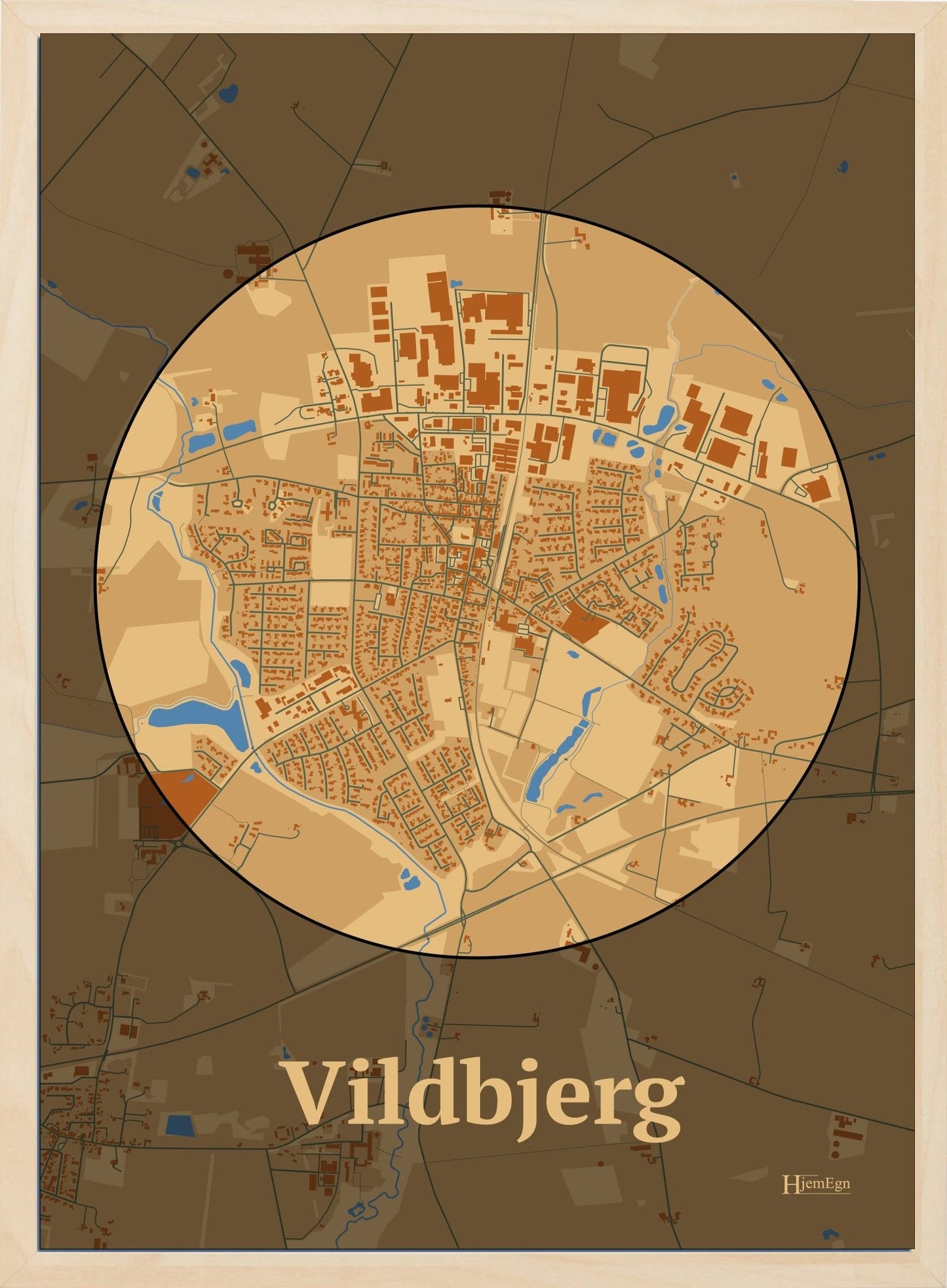 Vildbjerg plakat i farve pastel brun og HjemEgn.dk design centrum. Design bykort for Vildbjerg