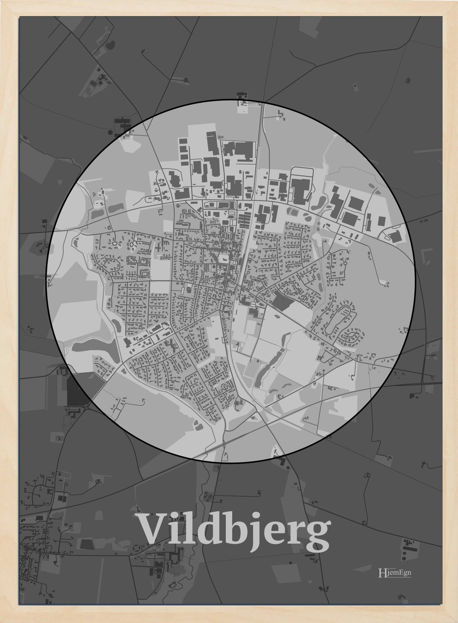 Vildbjerg plakat i farve pastel grå og HjemEgn.dk design centrum. Design bykort for Vildbjerg