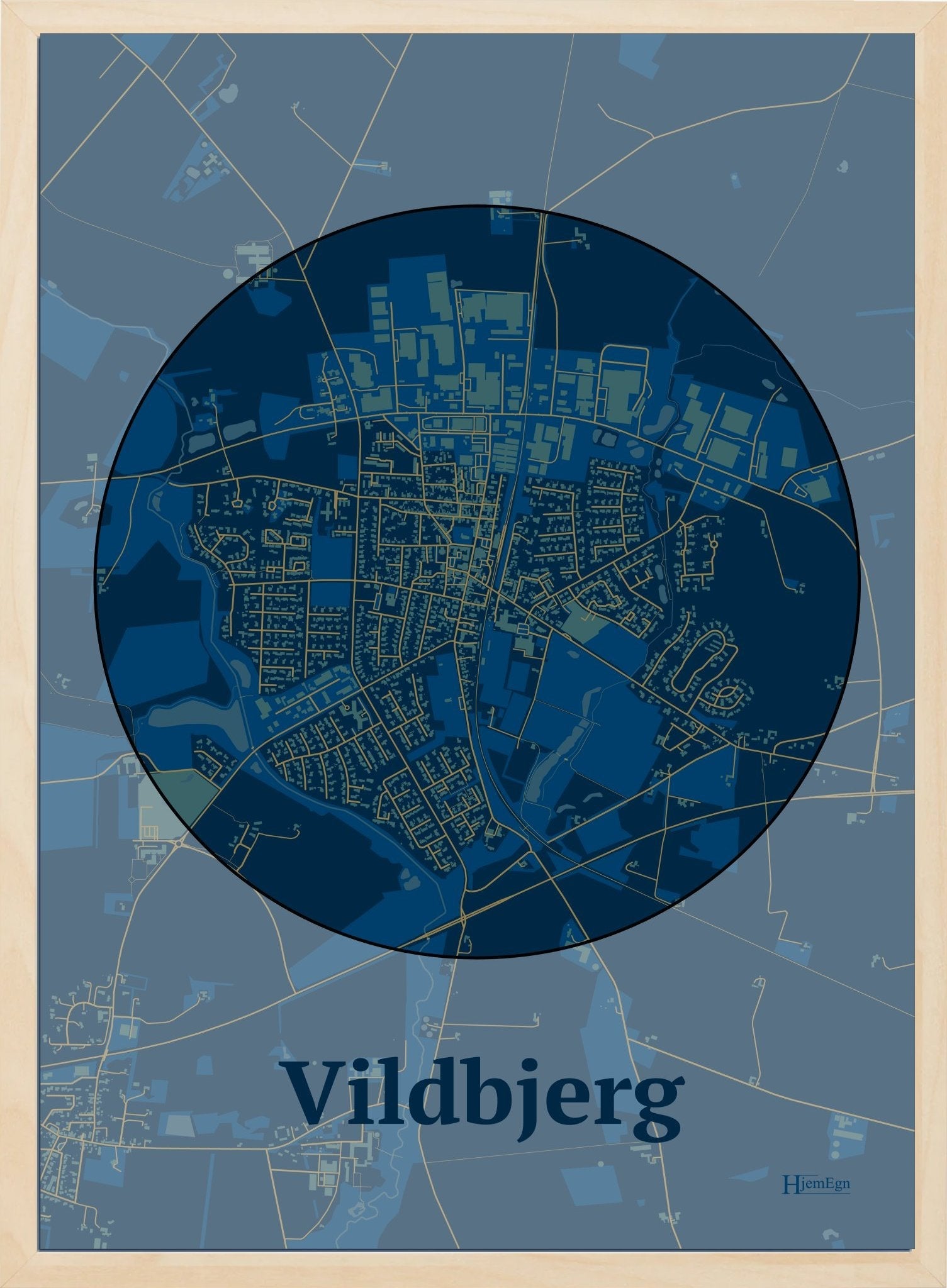 Vildbjerg plakat i farve mørk blå og HjemEgn.dk design centrum. Design bykort for Vildbjerg