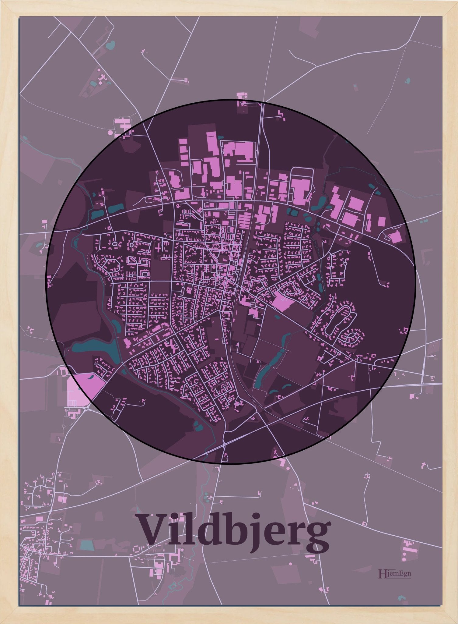 Vildbjerg plakat i farve mørk rød og HjemEgn.dk design centrum. Design bykort for Vildbjerg