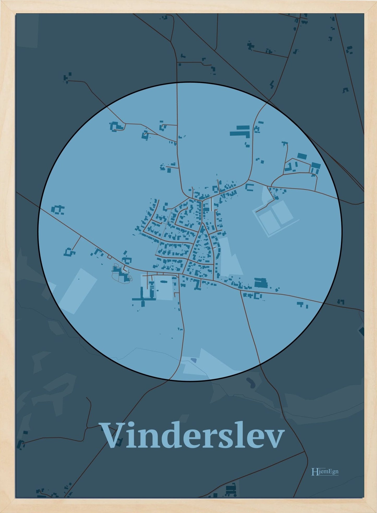 Vinderslev plakat i farve pastel blå og HjemEgn.dk design centrum. Design bykort for Vinderslev