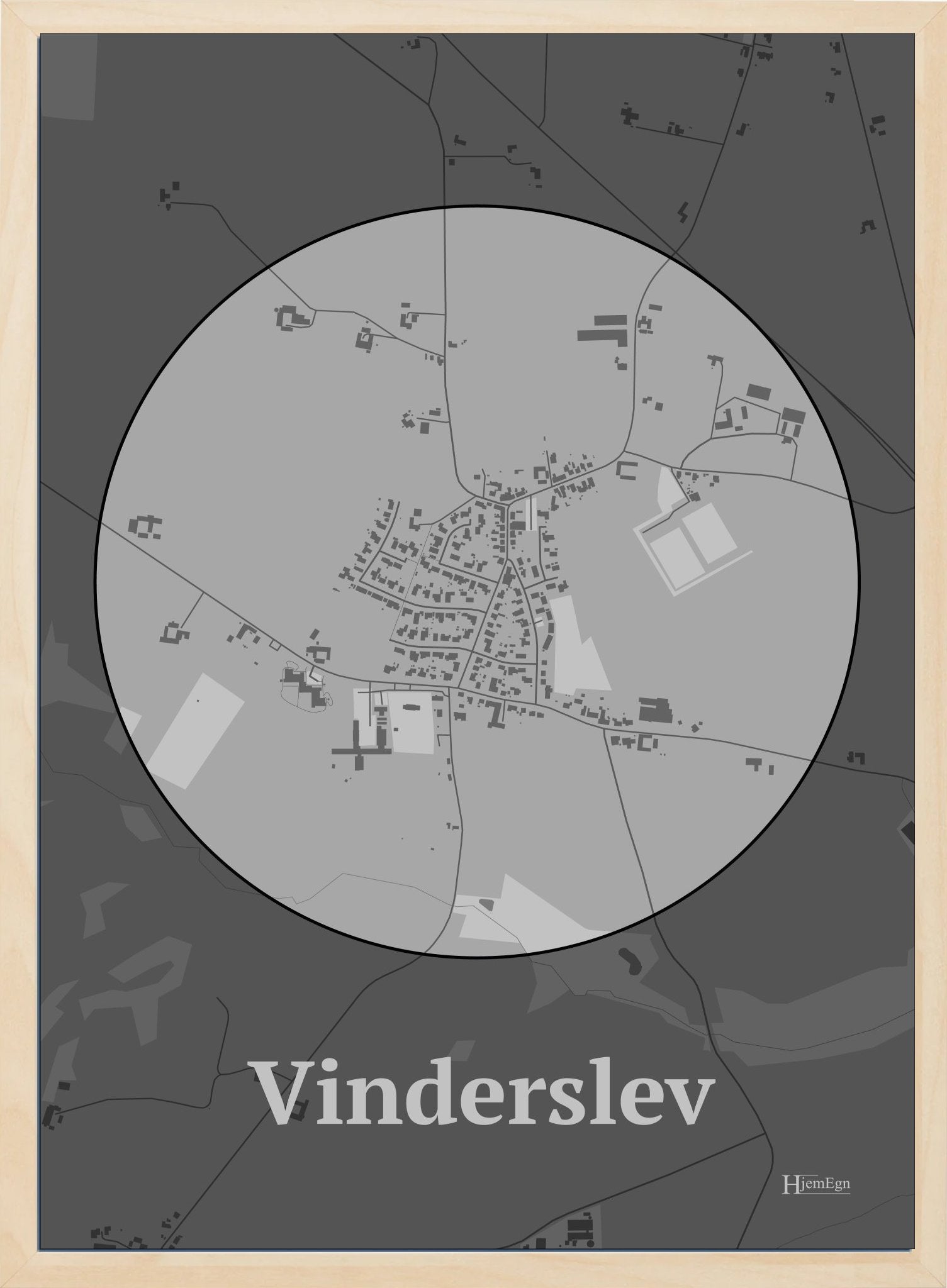 Vinderslev plakat i farve pastel grå og HjemEgn.dk design centrum. Design bykort for Vinderslev