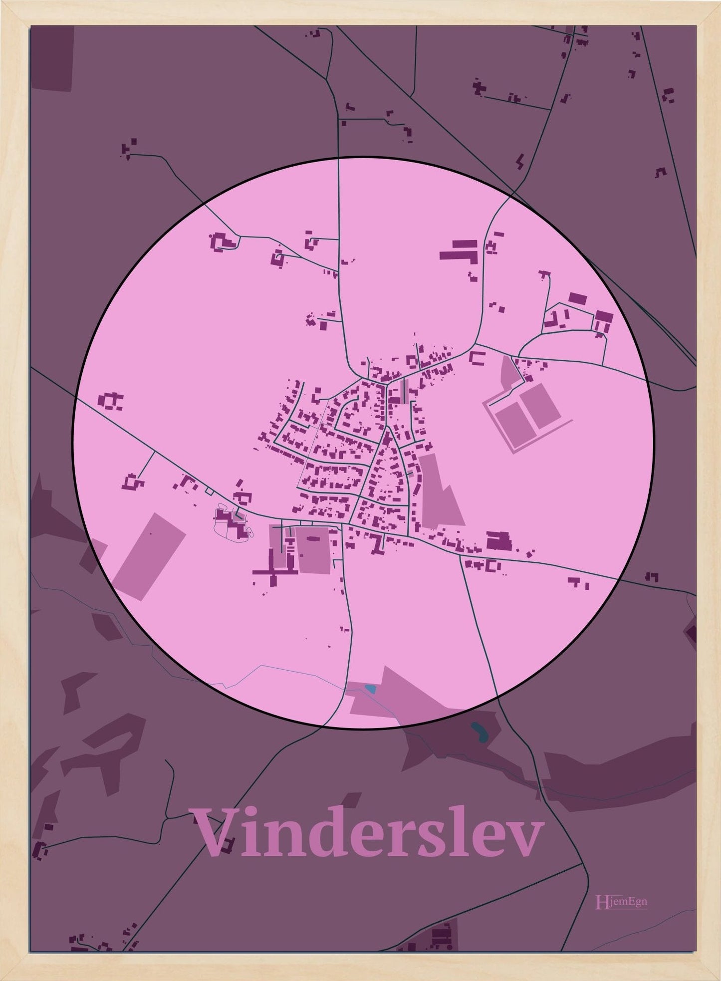 Vinderslev plakat i farve pastel rød og HjemEgn.dk design centrum. Design bykort for Vinderslev