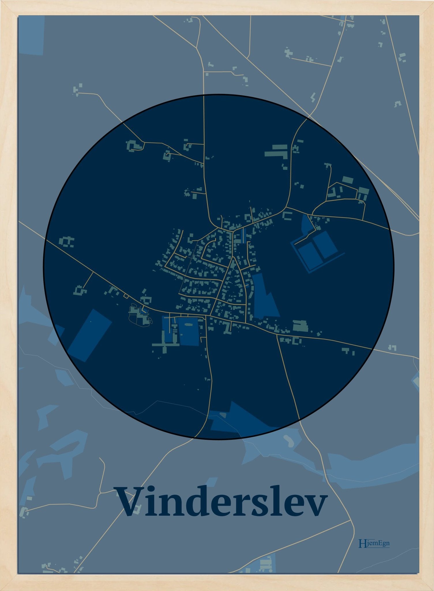 Vinderslev plakat i farve mørk blå og HjemEgn.dk design centrum. Design bykort for Vinderslev
