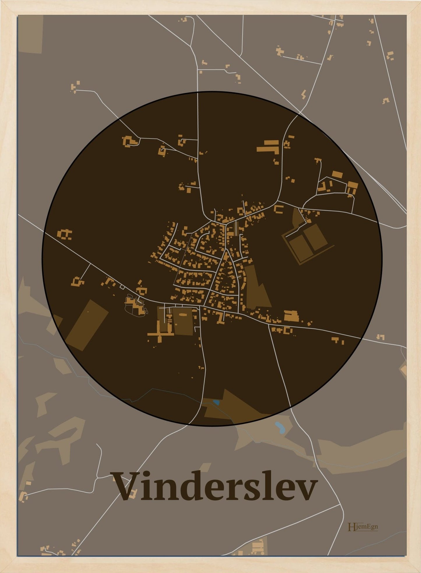 Vinderslev plakat i farve mørk brun og HjemEgn.dk design centrum. Design bykort for Vinderslev