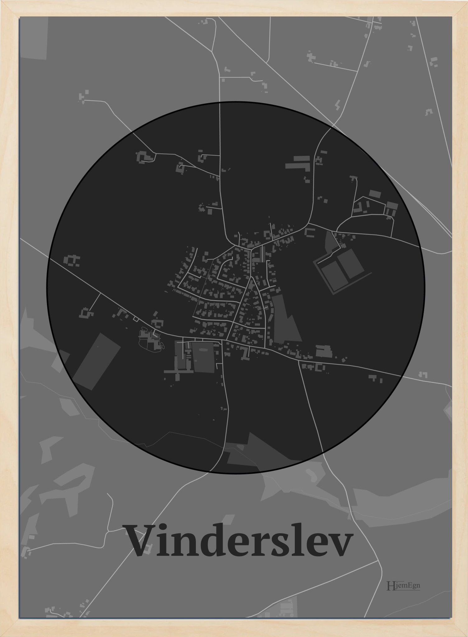 Vinderslev plakat i farve mørk grå og HjemEgn.dk design centrum. Design bykort for Vinderslev