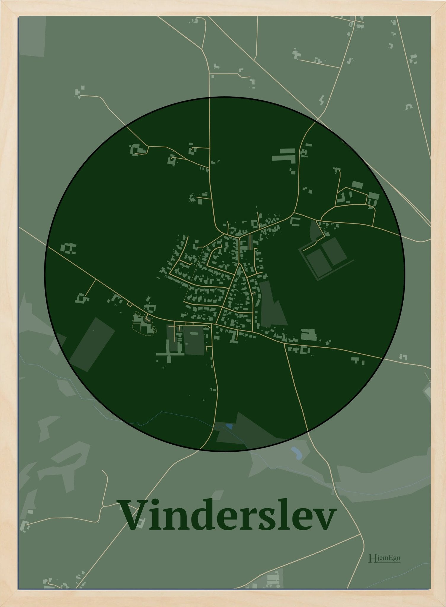 Vinderslev plakat i farve mørk grøn og HjemEgn.dk design centrum. Design bykort for Vinderslev