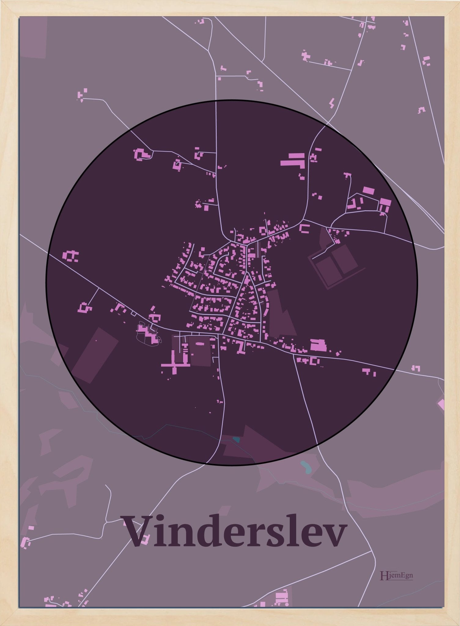 Vinderslev plakat i farve mørk rød og HjemEgn.dk design centrum. Design bykort for Vinderslev