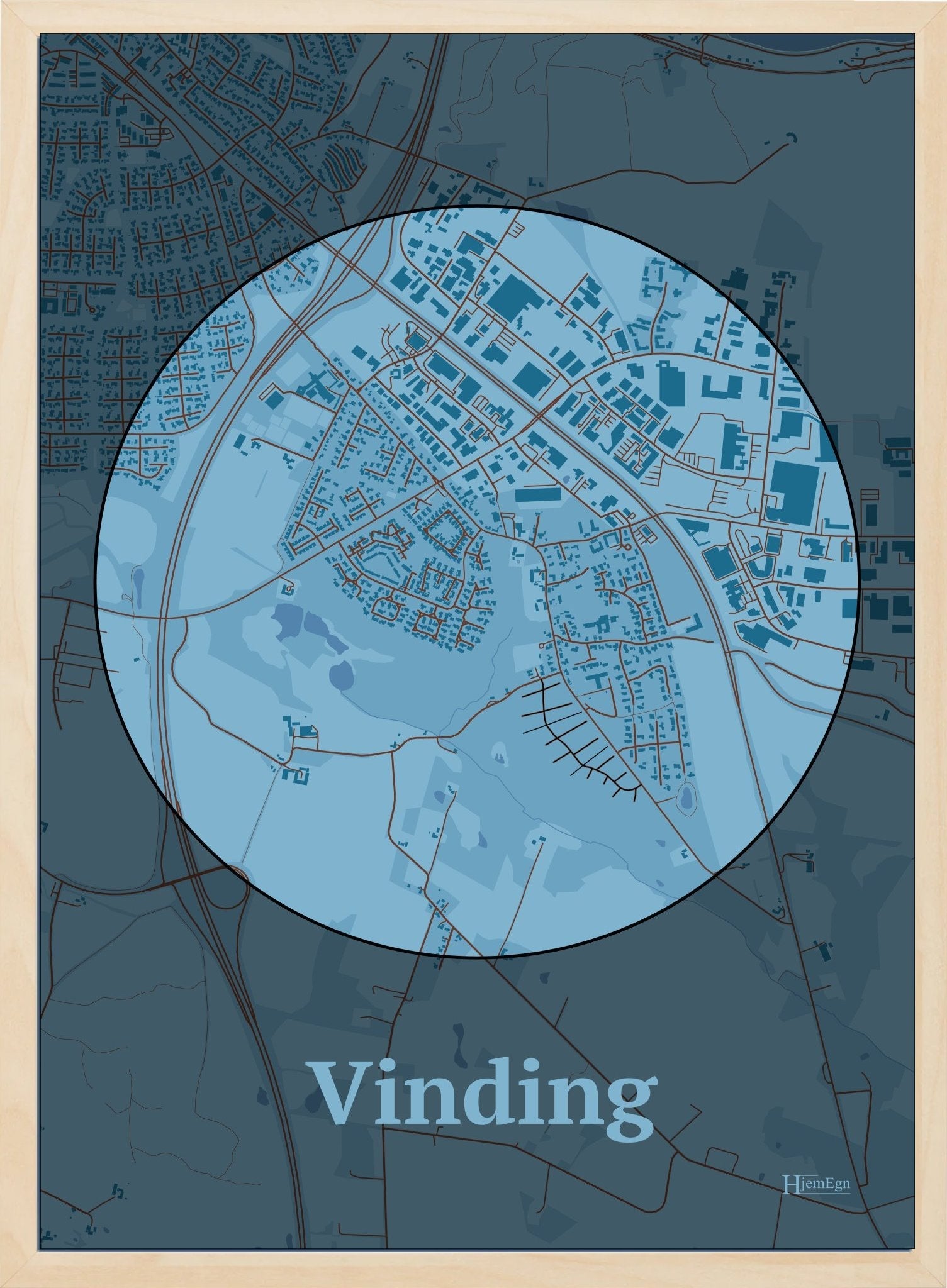 Vinding plakat i farve pastel blå og HjemEgn.dk design centrum. Design bykort for Vinding