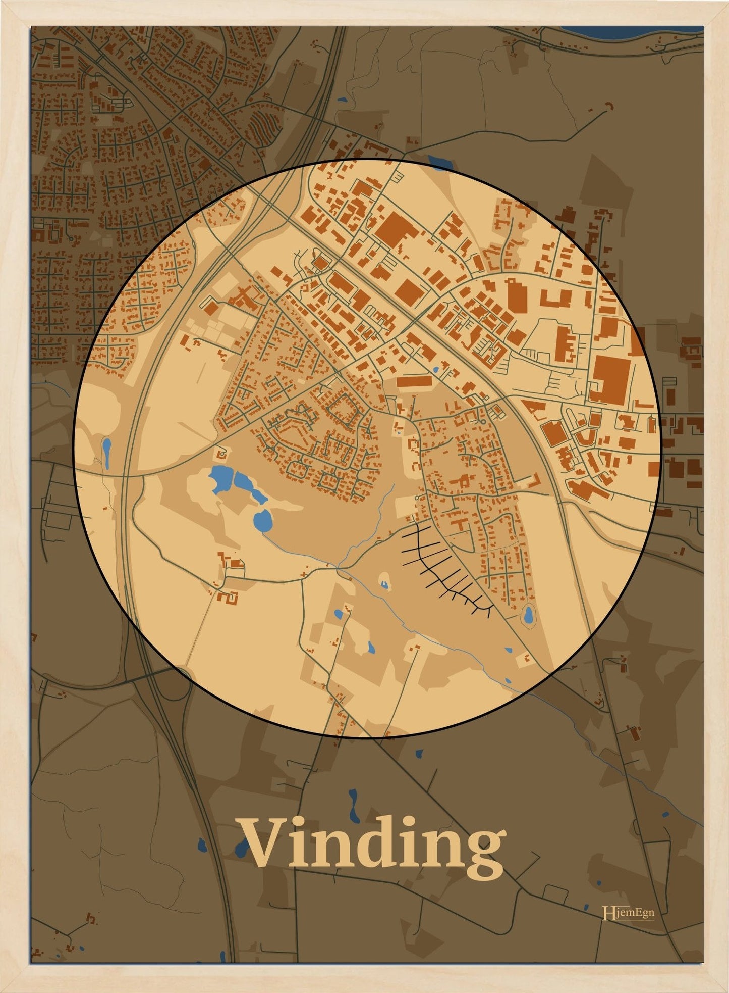 Vinding plakat i farve pastel brun og HjemEgn.dk design centrum. Design bykort for Vinding