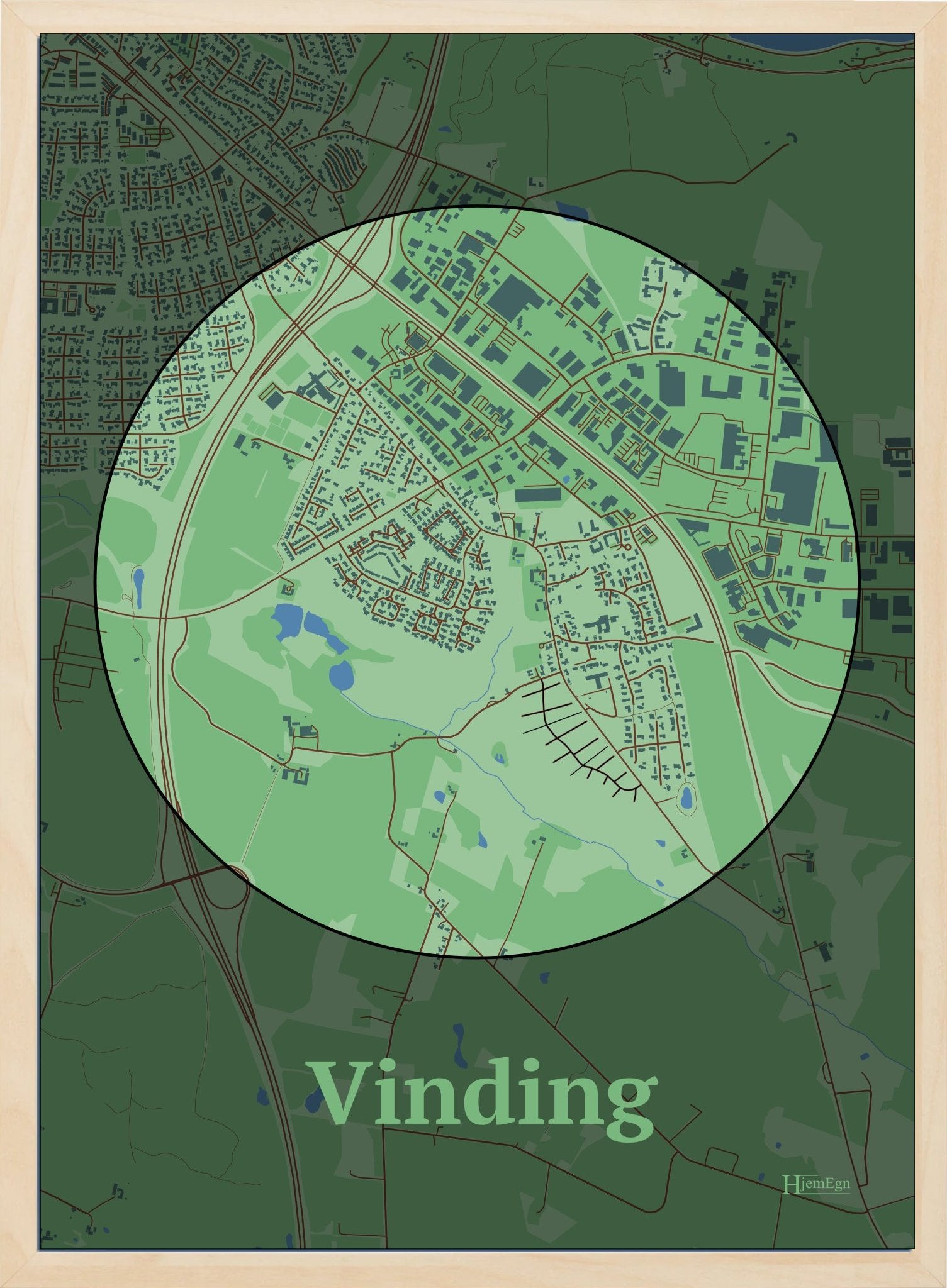 Vinding plakat i farve pastel grøn og HjemEgn.dk design centrum. Design bykort for Vinding