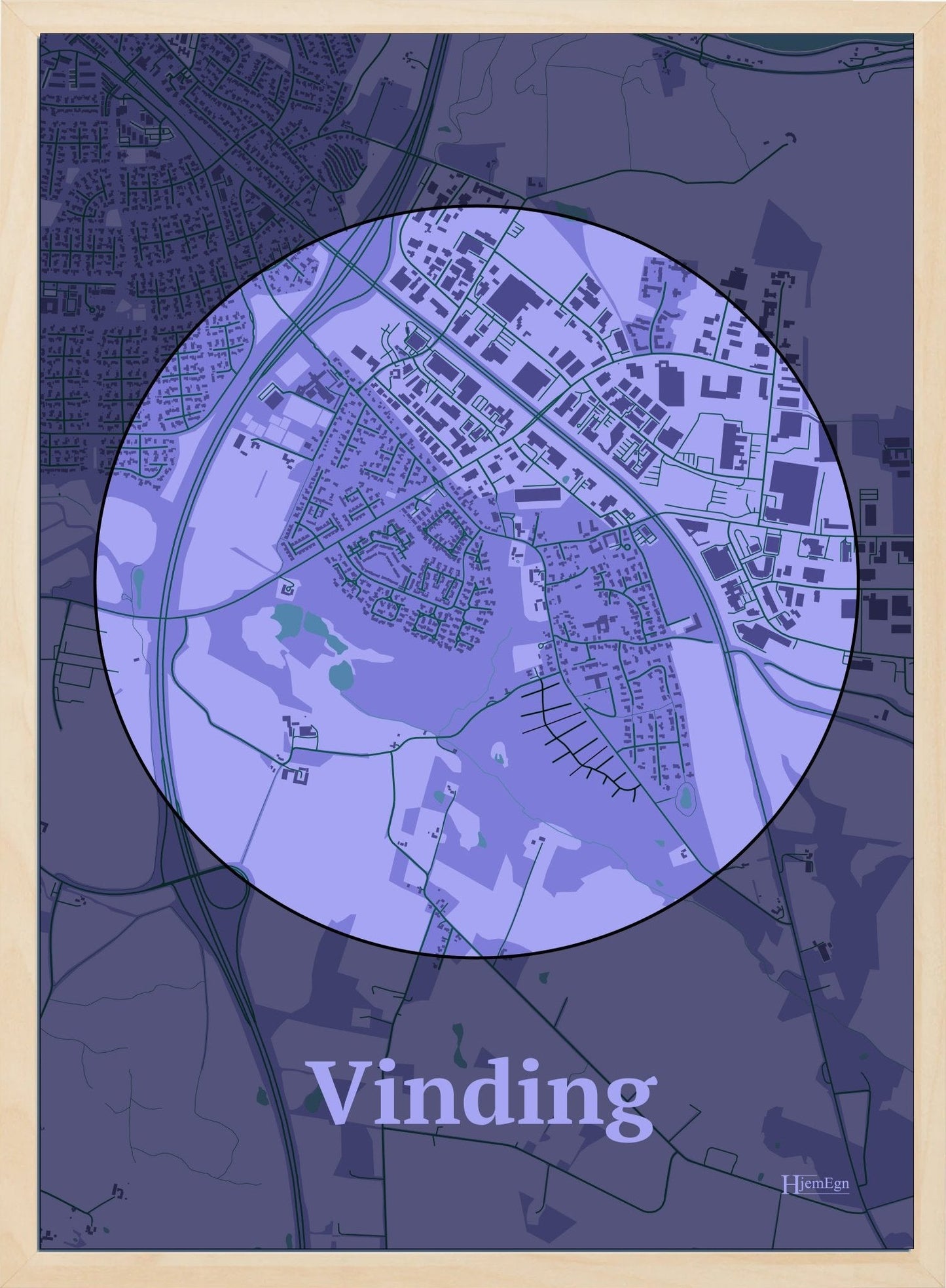 Vinding plakat i farve pastel lilla og HjemEgn.dk design centrum. Design bykort for Vinding