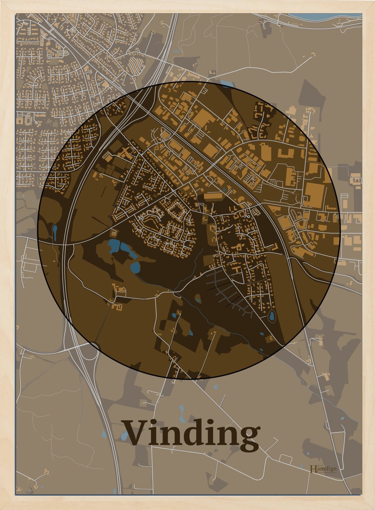 Vinding plakat i farve mørk brun og HjemEgn.dk design centrum. Design bykort for Vinding