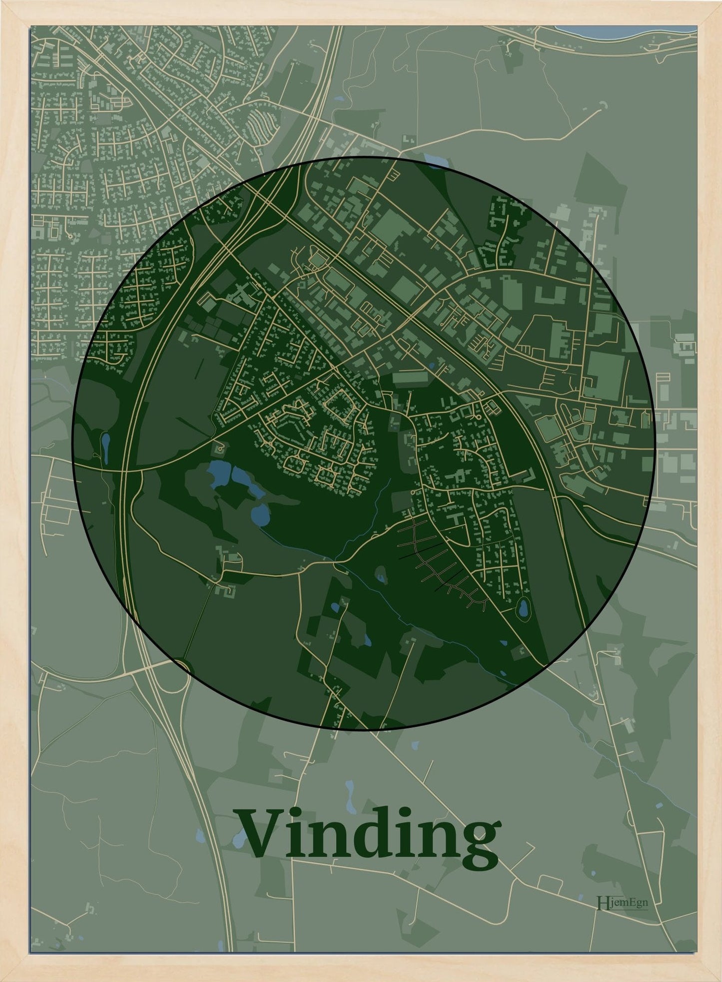 Vinding plakat i farve mørk grøn og HjemEgn.dk design centrum. Design bykort for Vinding