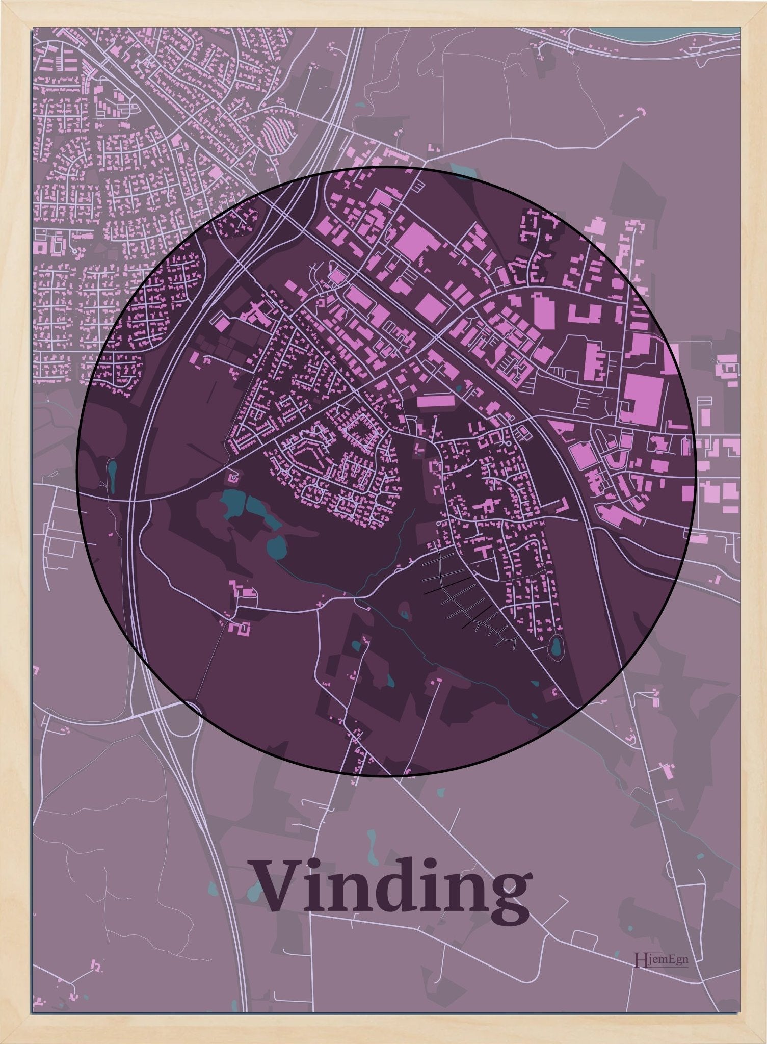 Vinding plakat i farve mørk rød og HjemEgn.dk design centrum. Design bykort for Vinding