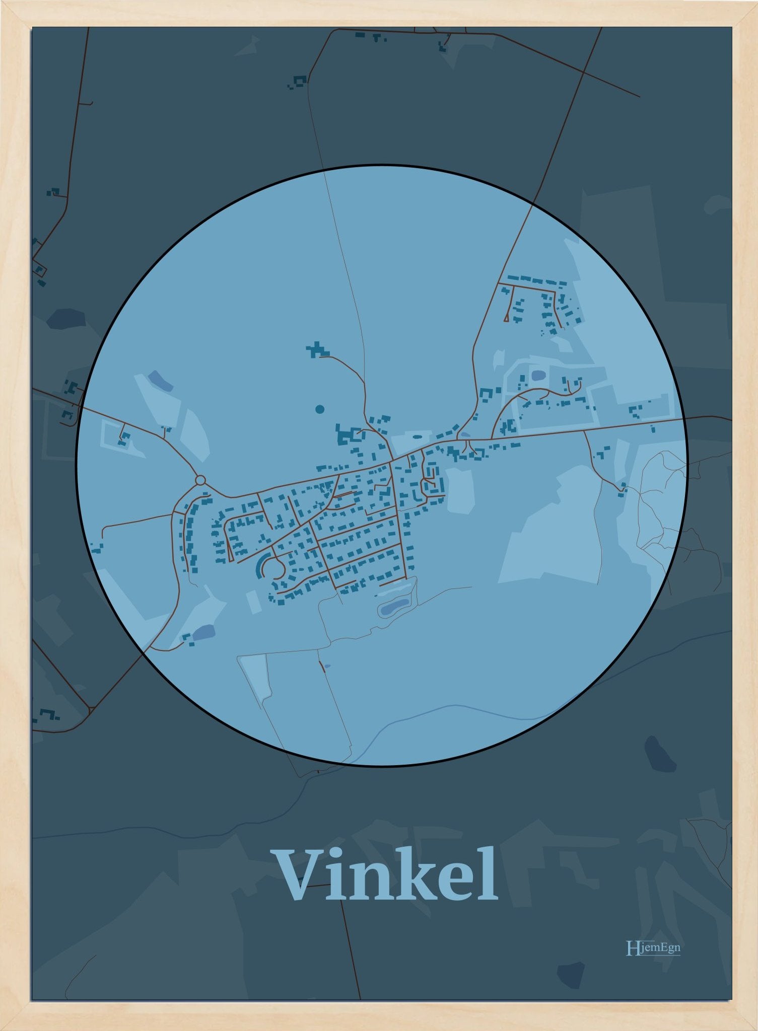 Vinkel plakat i farve pastel blå og HjemEgn.dk design centrum. Design bykort for Vinkel