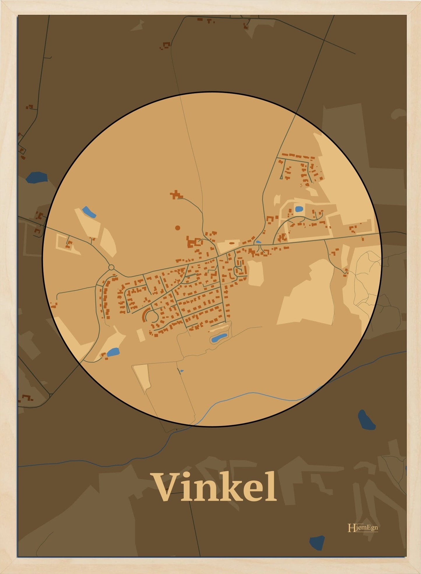 Vinkel plakat i farve pastel brun og HjemEgn.dk design centrum. Design bykort for Vinkel