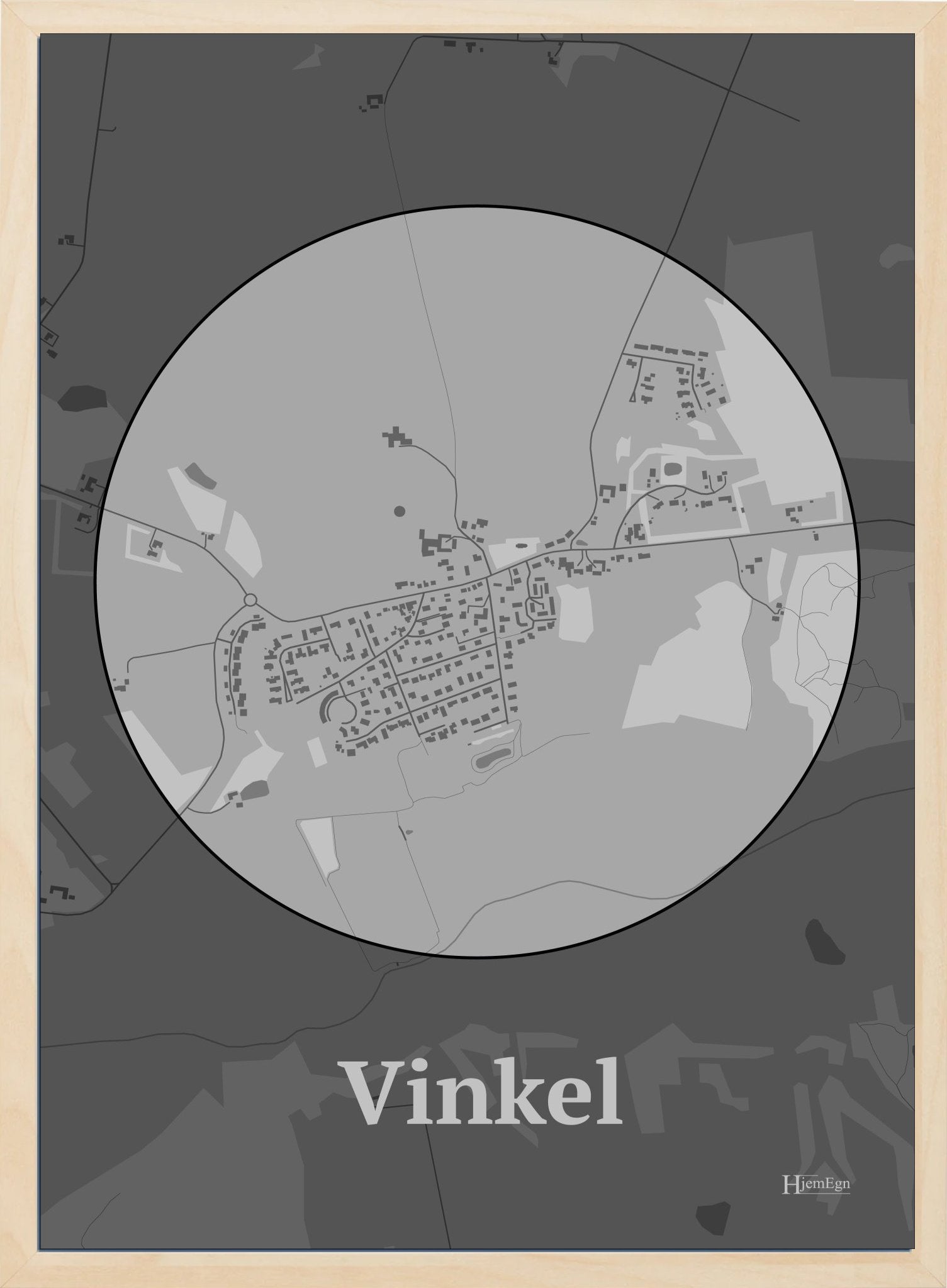 Vinkel plakat i farve pastel grå og HjemEgn.dk design centrum. Design bykort for Vinkel