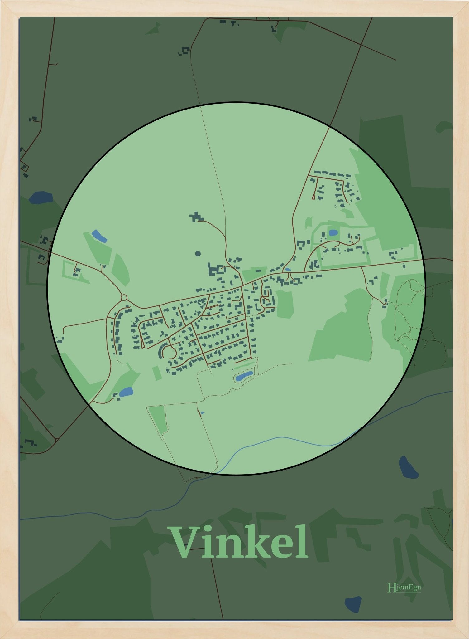 Vinkel plakat i farve pastel grøn og HjemEgn.dk design centrum. Design bykort for Vinkel