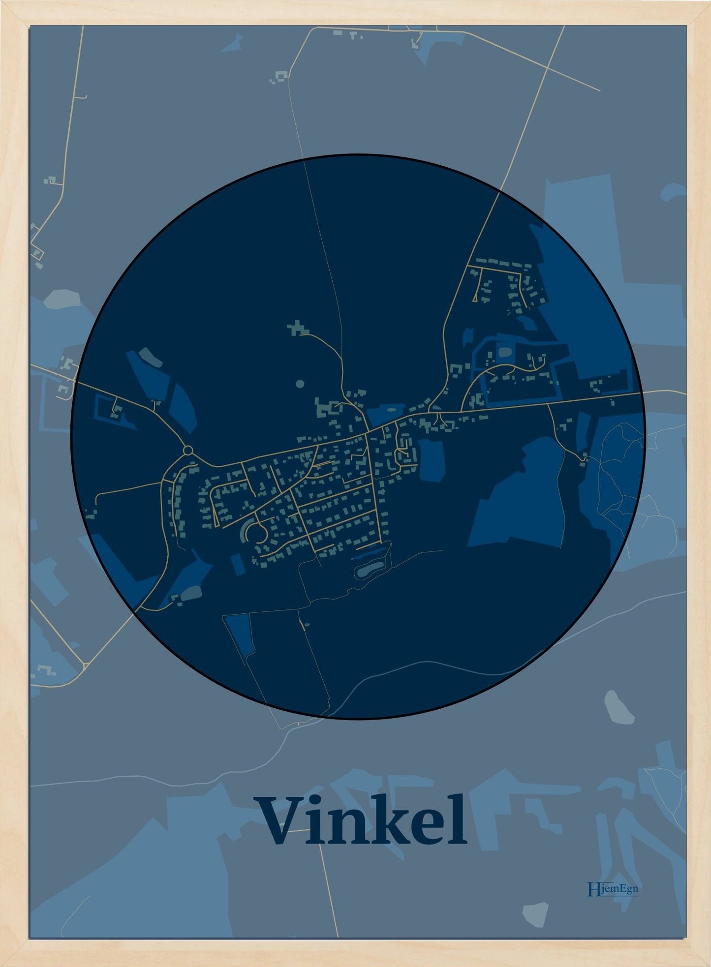 Vinkel plakat i farve mørk blå og HjemEgn.dk design centrum. Design bykort for Vinkel