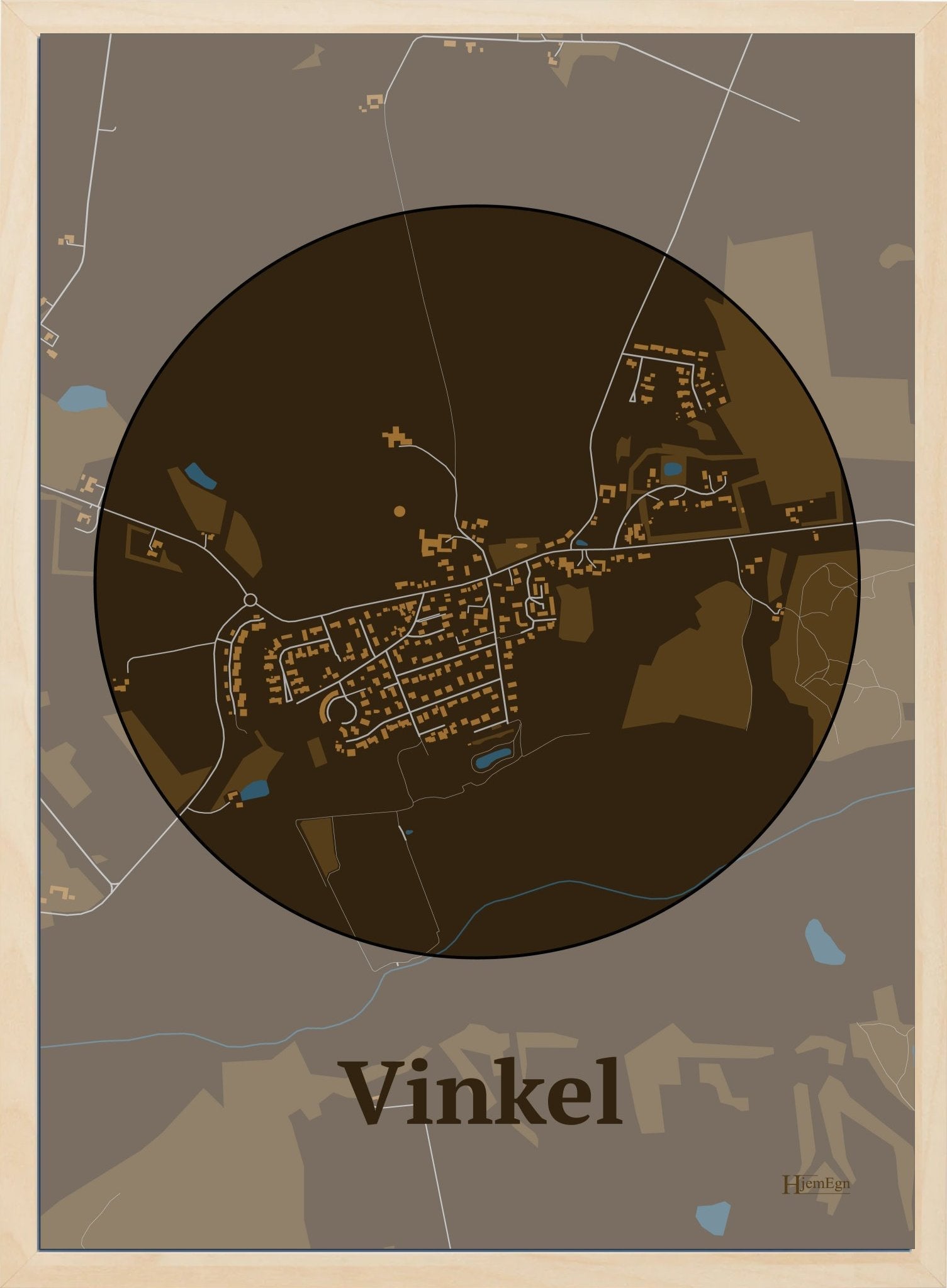Vinkel plakat i farve mørk brun og HjemEgn.dk design centrum. Design bykort for Vinkel