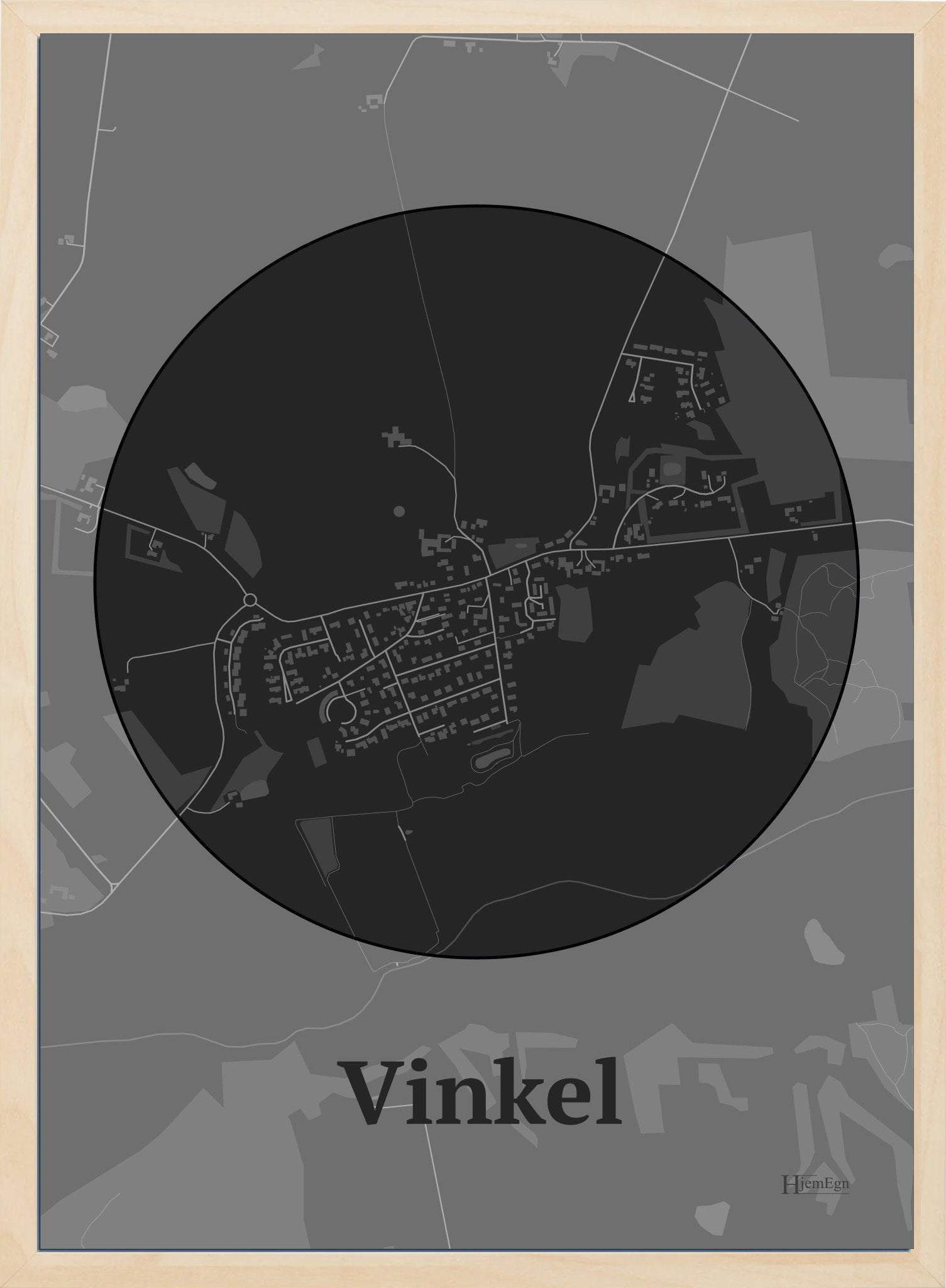 Vinkel plakat i farve mørk grå og HjemEgn.dk design centrum. Design bykort for Vinkel