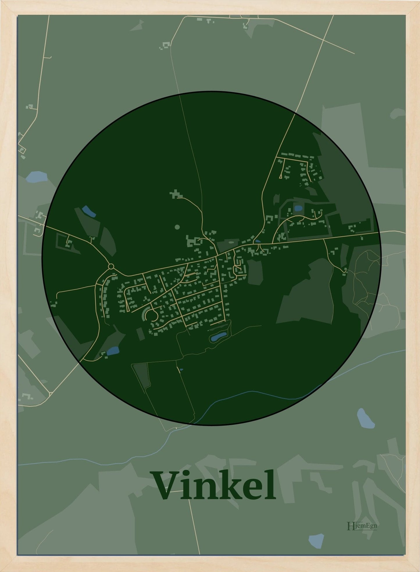 Vinkel plakat i farve mørk grøn og HjemEgn.dk design centrum. Design bykort for Vinkel