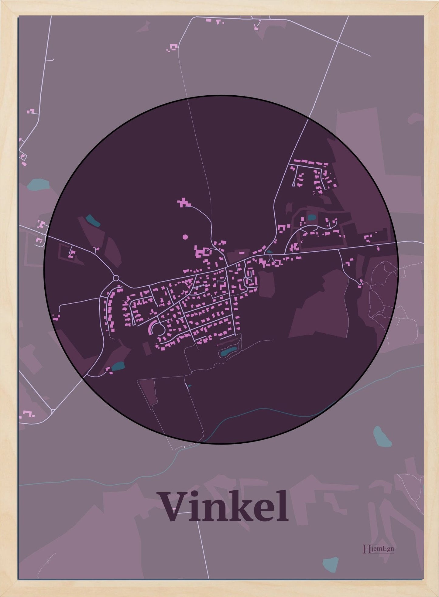 Vinkel plakat i farve mørk rød og HjemEgn.dk design centrum. Design bykort for Vinkel