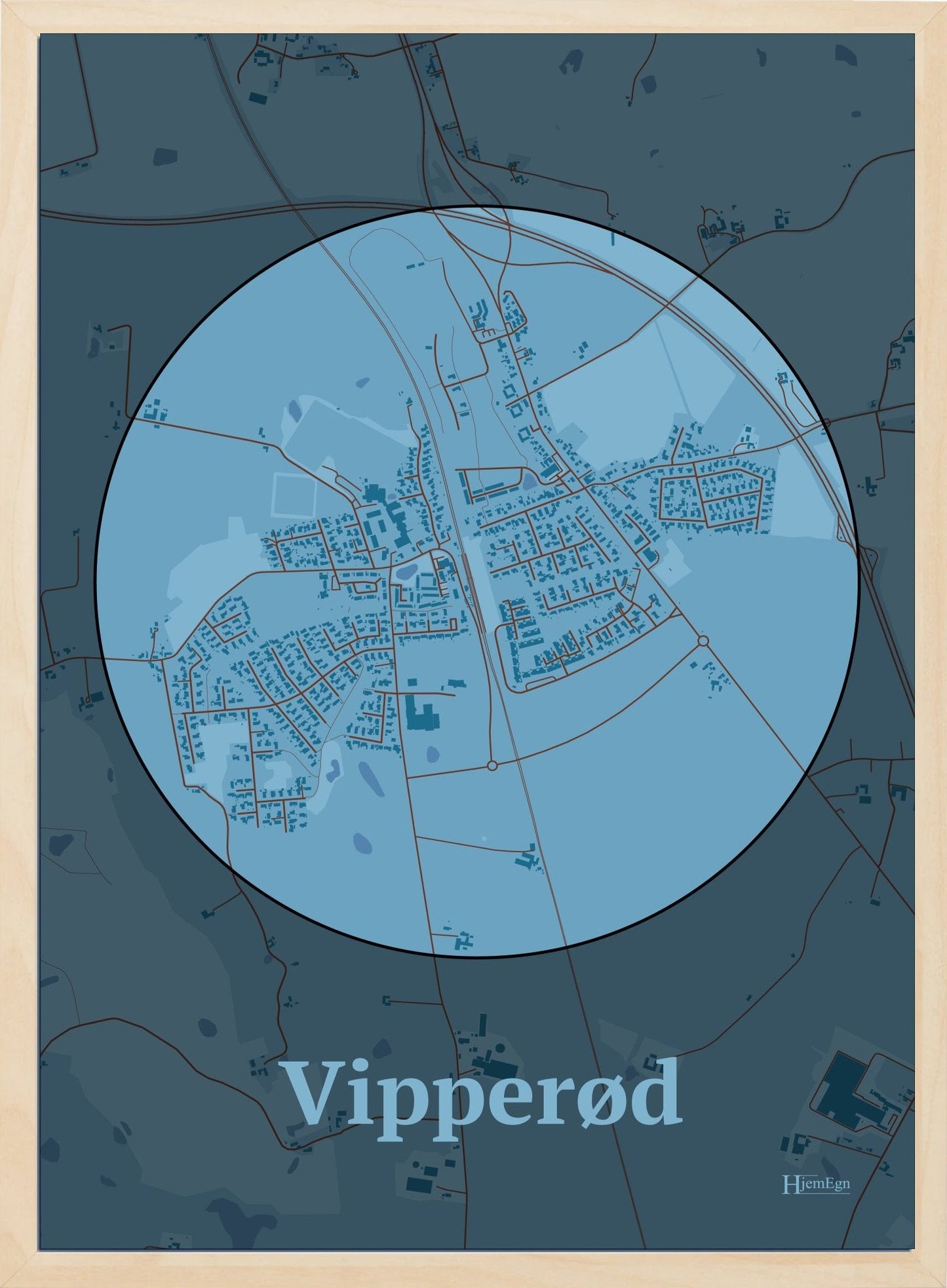 Vipperød plakat i farve pastel blå og HjemEgn.dk design centrum. Design bykort for Vipperød
