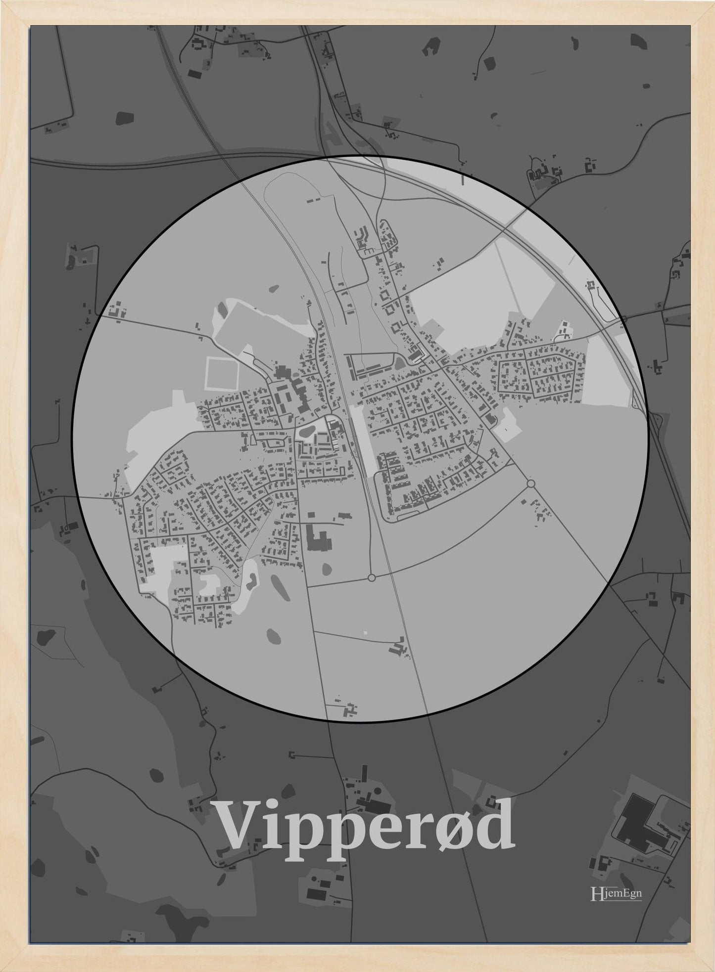Vipperød plakat i farve pastel grå og HjemEgn.dk design centrum. Design bykort for Vipperød