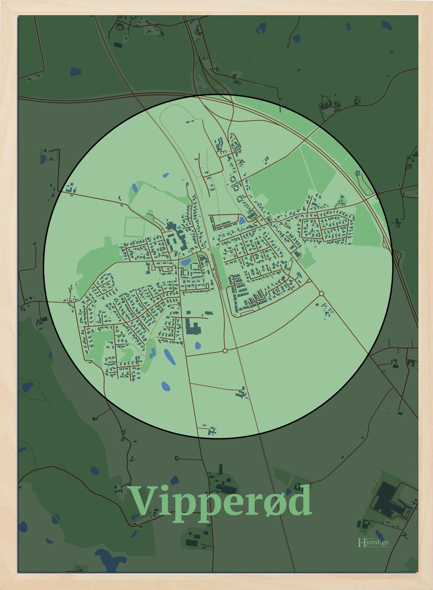 Vipperød plakat i farve pastel grøn og HjemEgn.dk design centrum. Design bykort for Vipperød
