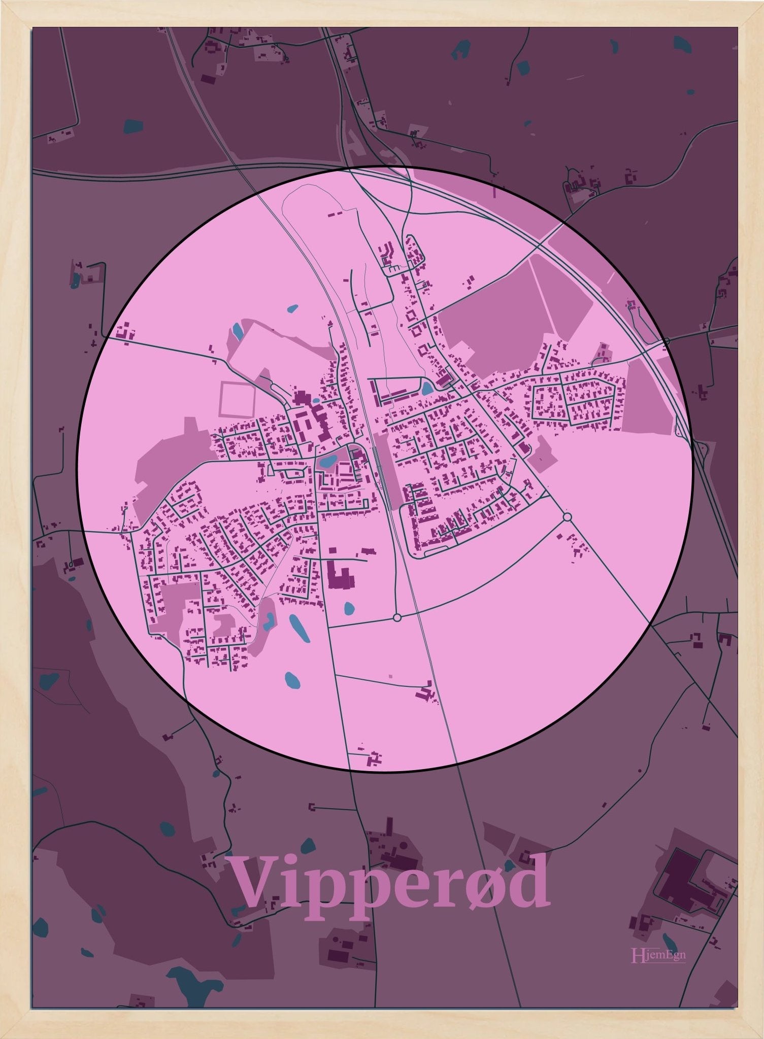 Vipperød plakat i farve pastel rød og HjemEgn.dk design centrum. Design bykort for Vipperød