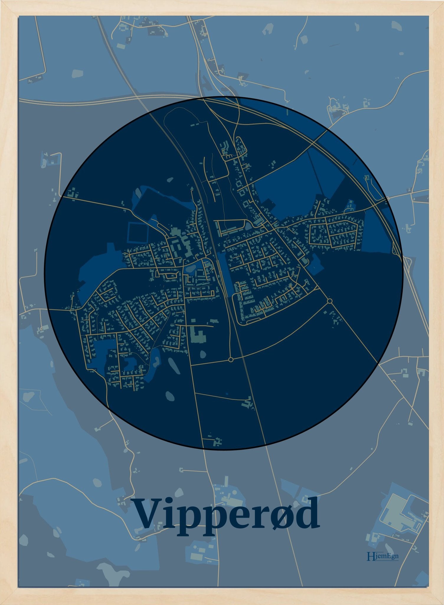Vipperød plakat i farve mørk blå og HjemEgn.dk design centrum. Design bykort for Vipperød